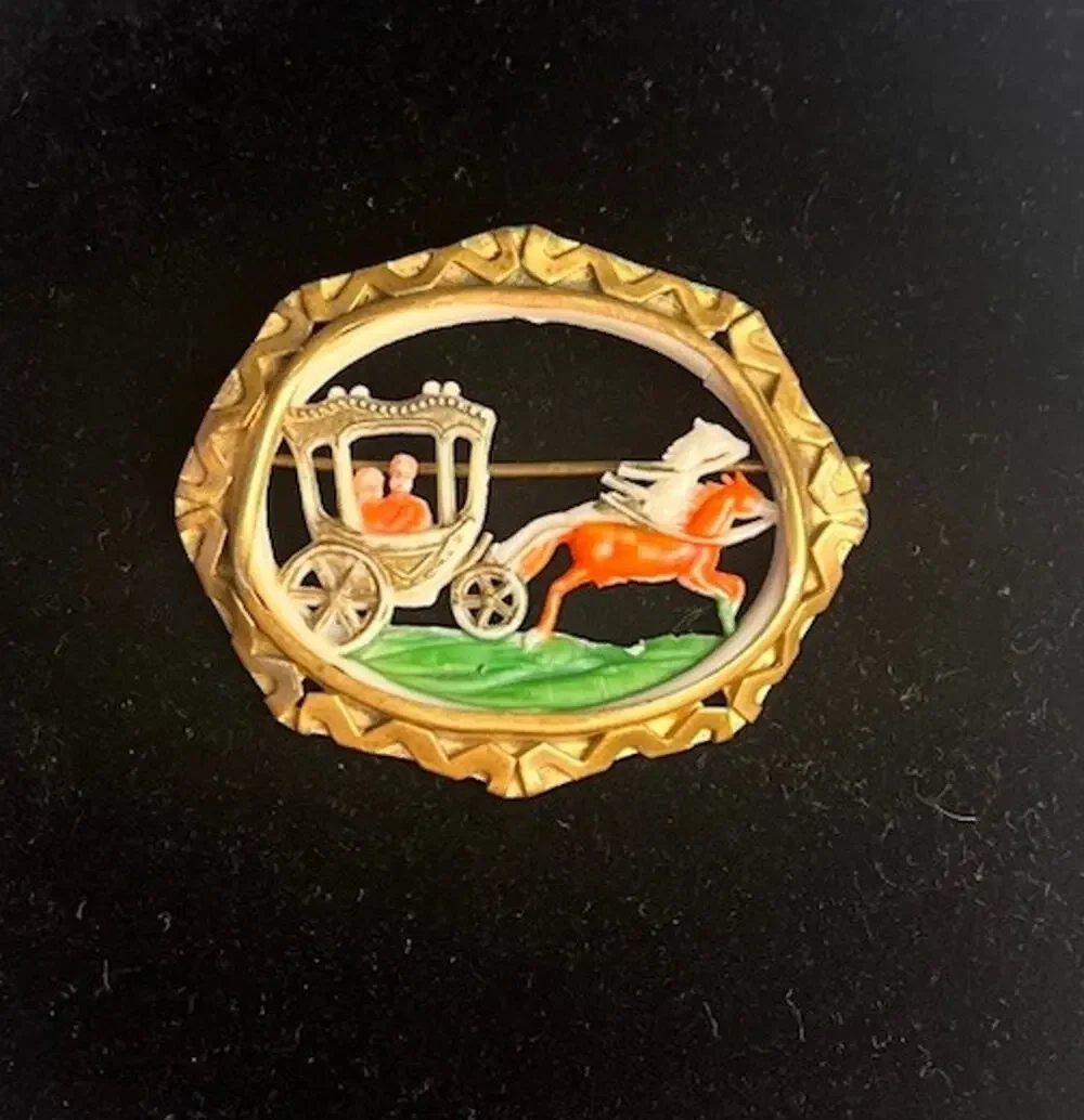 Celluloid Lovers Chariot Brass Frame Colored Carved Brooch Pin Carriage Vintage